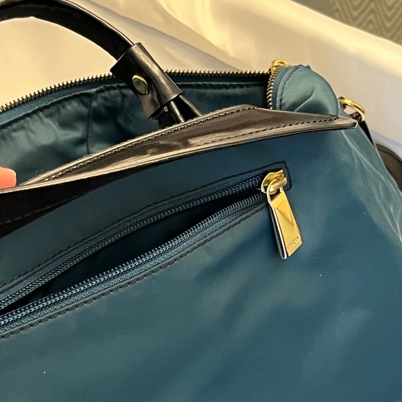 Furla dark green nylon & black leather tote satchel, cross-body, two-way. - Picture 7 of 16